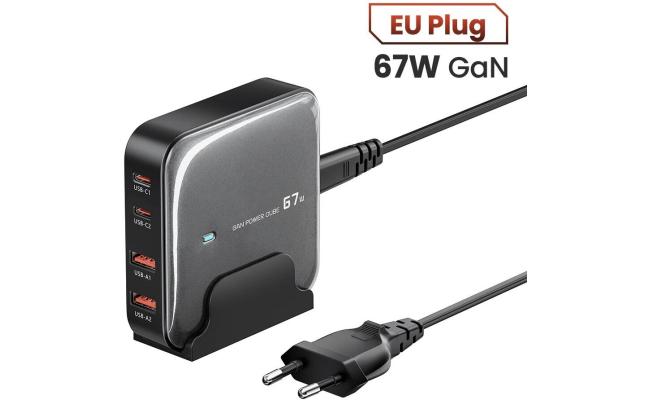 TOOCKI 67W 4-Port USB PD Charger 2USB-A+2USB-C PD QC3.0 PPS Fast Charging Desktop Charging Station EU Plug with 1.5M AC Cable for iPhone 16 16 Pro 15 14 13 Pro Max for Huawei Mate XT for Xiaomi 15 pro - Black